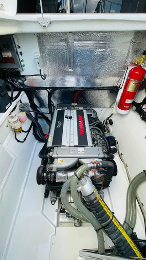  Yacht Photos Pics Engine compartment of a 2023 Leopard 53 yacht with visible fire extinguisher.