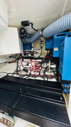  Yacht Photos Pics Electrical system of a 2023 Leopard 53 yacht, featuring wiring and blue components.