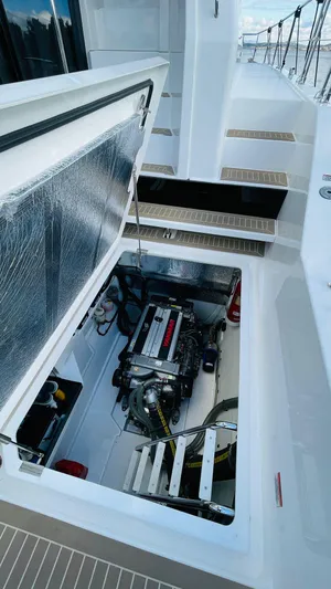  Yacht Photos Pics Engine compartment of 2023 Leopard 53 yacht, showcasing modern design and functionality.
