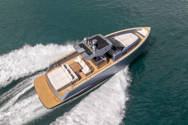 Live A Little Yacht Photos Pics 2021 Pardo Yachts 43 cruising on open water, showcasing sleek design and luxury features.