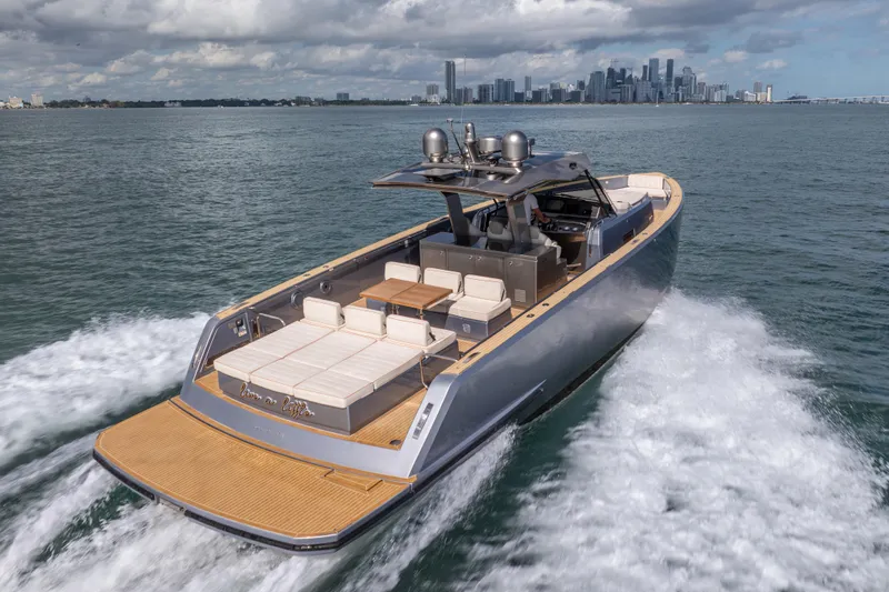 Live A Little Yacht Photos Pics Luxury 2021 Pardo Yachts 43 cruising near city skyline on open water.