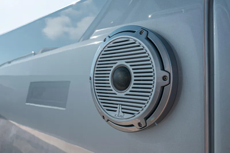 Live A Little Yacht Photos Pics Close-up of a speaker on a 2021 Pardo Yachts 43 boat exterior.