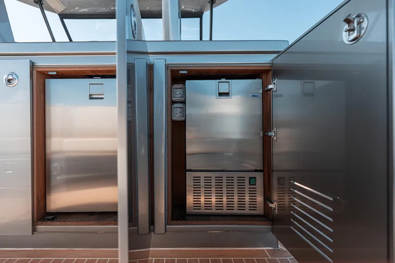 Live A Little Yacht Photos Pics Stainless steel storage compartments on 2021 Pardo Yachts 43, showcasing modern design and functionality.