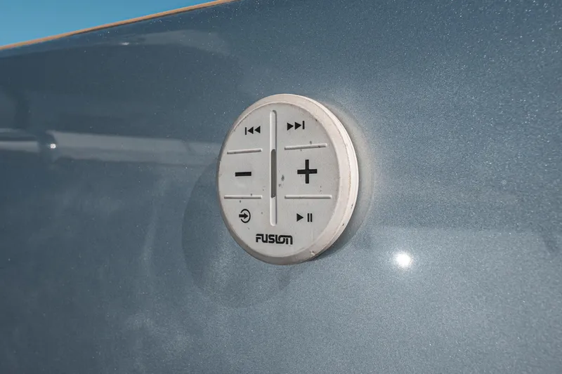 Live A Little Yacht Photos Pics Audio control panel on 2021 Pardo Yachts 43, featuring Fusion brand buttons.