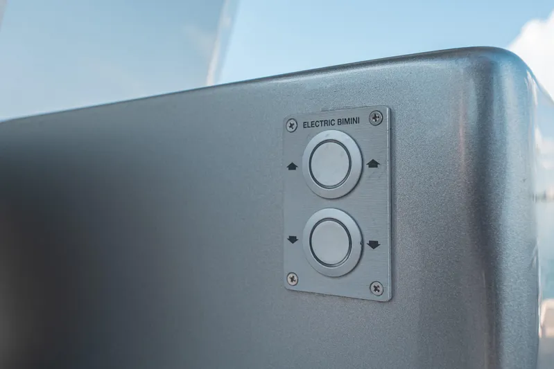 Live A Little Yacht Photos Pics Electric bimini control panel on 2021 Pardo Yachts 43, featuring sleek metallic design.