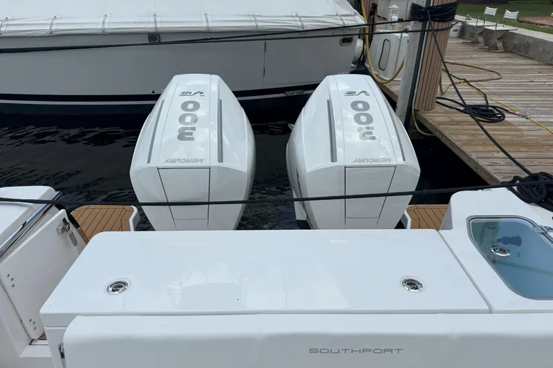 Yacht Photos Pics 2026 Southport 30 FE boat with twin Mercury 800 V8 engines docked at marina.