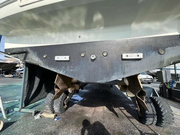  Yacht Photos Pics Underwater view of a 2011 Prestige 500 S yacht's propellers and hull in a boatyard.