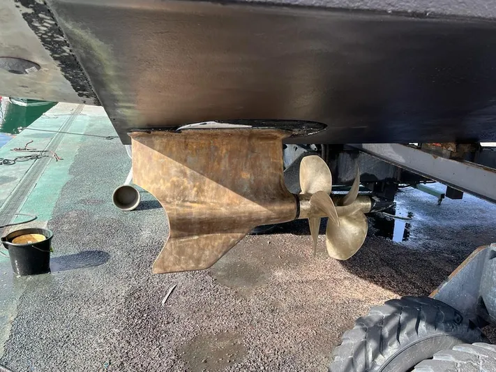  Yacht Photos Pics Propeller and rudder of a 2011 Prestige 500 S yacht on dry dock.