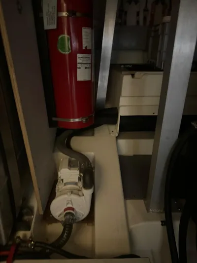  Yacht Photos Pics Engine room of 2011 Prestige 500 S yacht with fire extinguisher and equipment.