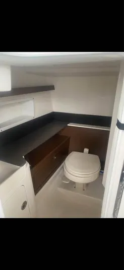  Yacht Photos Pics 2022 Sea Ray SDX 290 Outboard boat interior with compact bathroom amenities.