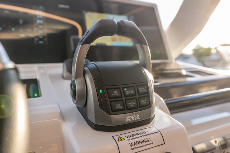 Improper Yacht Photos Pics Control panel of 2024 Fjord 41 XL boat featuring Volvo Penta throttle system.