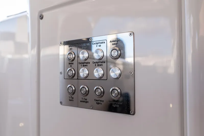 Improper Yacht Photos Pics Control panel on 2024 Fjord 41 XL yacht, featuring various lighting and table adjustments.