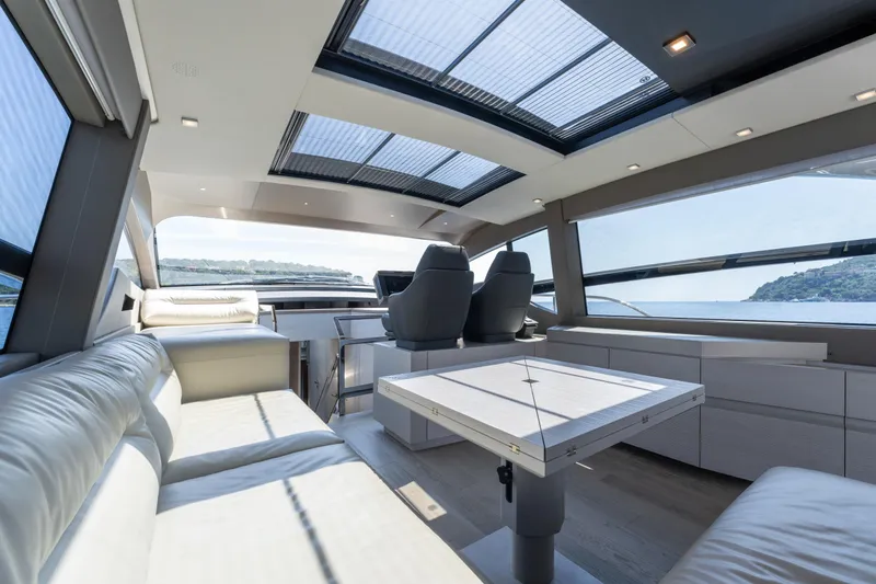 Ciao Yacht Photos Pics Luxurious interior of 2024 Pershing 7X yacht with panoramic windows and modern seating.