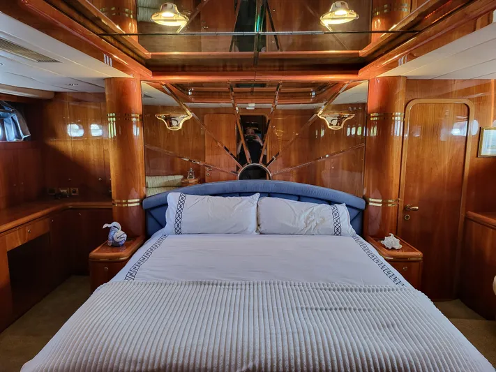  Yacht Photos Pics Luxurious bedroom interior of 2000 Horizon 74 Motor Yacht with elegant wood finish.