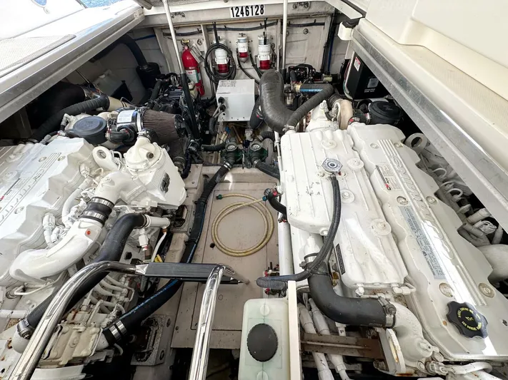 Wine Down Yacht Photos Pics Engine room of 2012 Sea Ray 450 Sundancer with dual engines and fire suppression system.