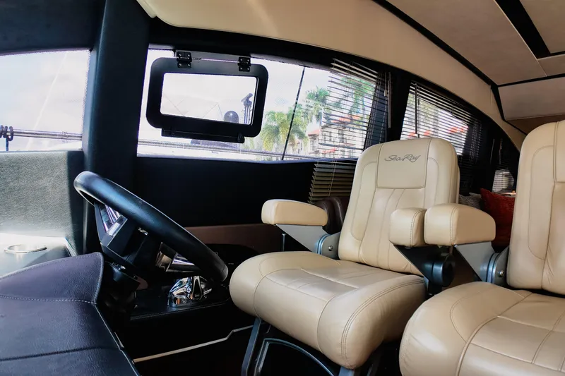 Incognito Yacht Photos Pics Luxurious interior of 2016 Sea Ray L590 Fly yacht with plush leather seating.