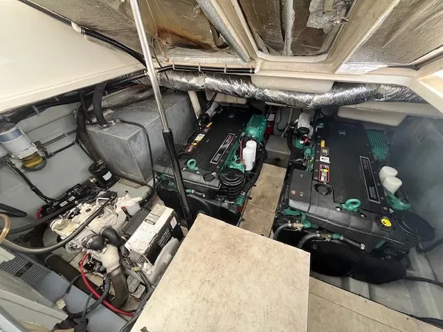 Alacrity Yacht Photos Pics Engine room of 2008 Doral Mediterra boat with dual engines and equipment.