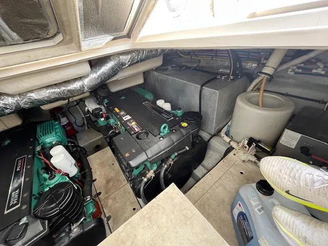 Alacrity Yacht Photos Pics Engine room of 2008 Doral Mediterra boat with visible machinery and components.