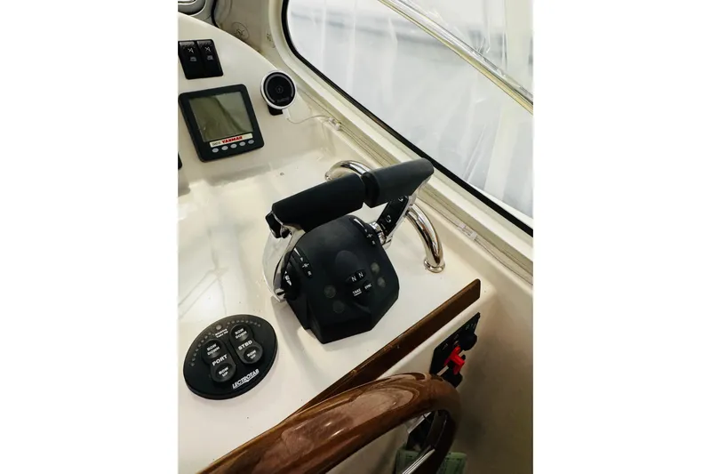 By The Way Yacht Photos Pics Control panel of 2015 MJM 36z Express boat with Yamaha display and joystick.
