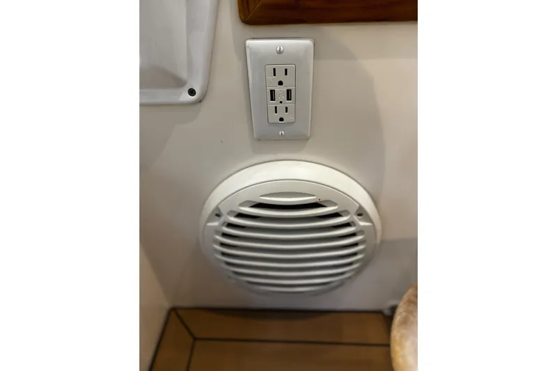 By The Way Yacht Photos Pics Power outlet and speaker on 2015 MJM 36z Express boat interior.