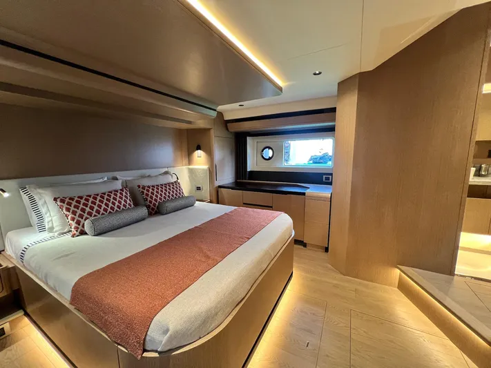  Yacht Photos Pics Luxurious cabin interior of 2024 Sirena 48 Flybridge yacht with modern design.