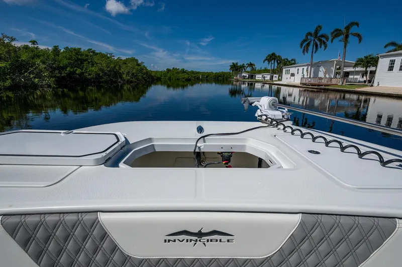 Final/final Yacht Photos Pics 2025 Invincible 33 Catamaran on tranquil waterway, showcasing sleek design and luxury features.