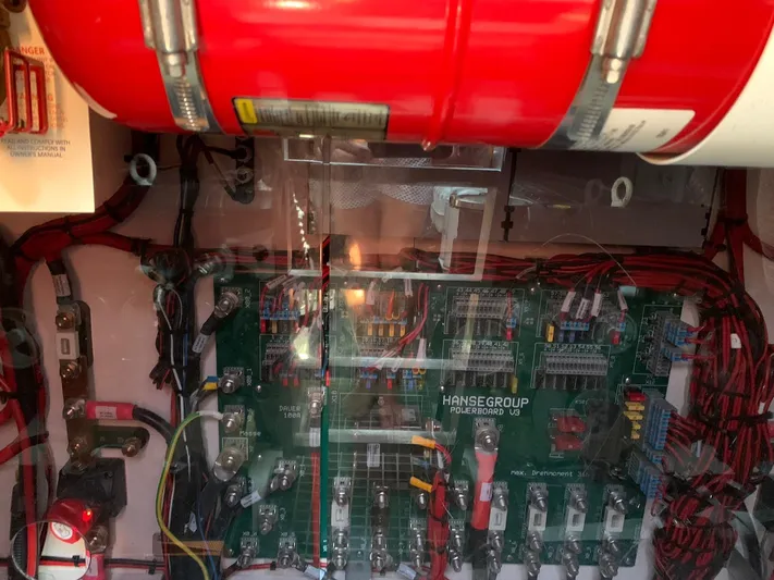  Yacht Photos Pics Electrical panel of a 2017 Fjord 42 Open boat with wiring and components.