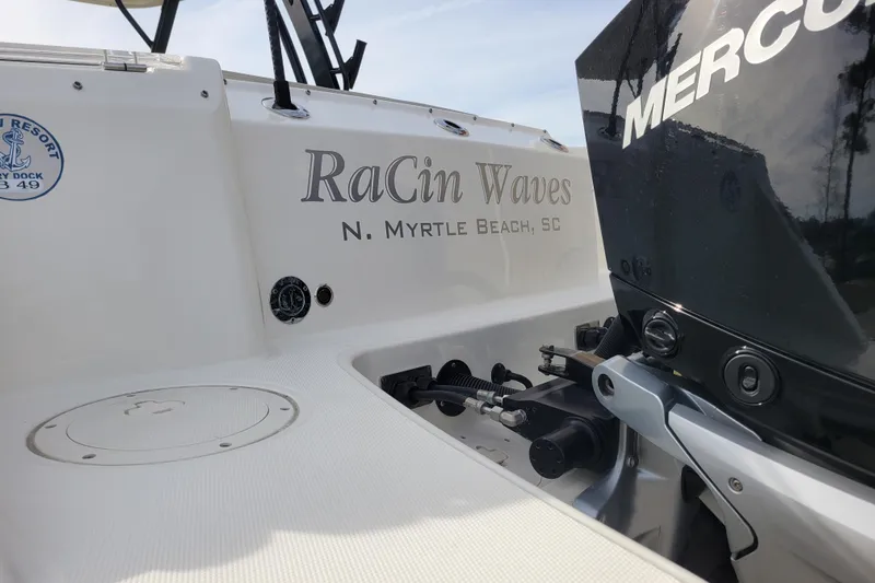  Yacht Photos Pics 2023 Boston Whaler 280 Vantage boat with Mercury engine, named "RaCin Waves," in North Myrtle Beach.