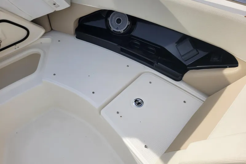  Yacht Photos Pics 2023 Boston Whaler 280 Vantage interior with seating and speaker detail.