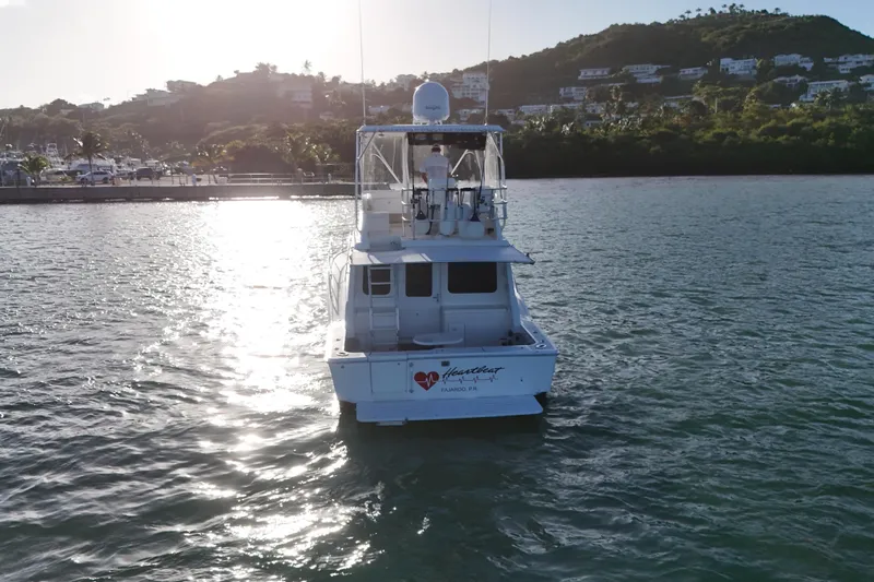  Yacht Photos Pics 2005 Luhrs 38 Convertible yacht on water, scenic coastal backdrop.