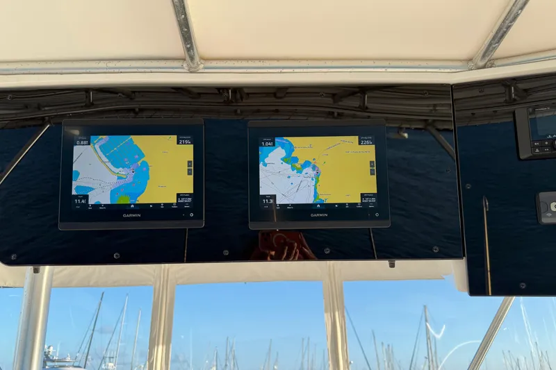  Yacht Photos Pics Helm of 2005 Luhrs 38 Convertible with dual Garmin navigation displays.