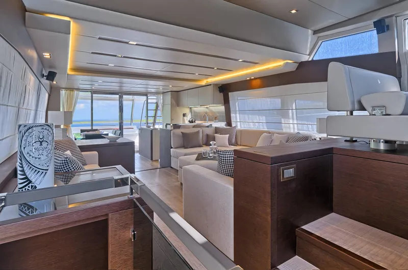  Yacht Photos Pics Luxurious interior of 2016 Prestige 750 yacht with modern design and spacious seating.