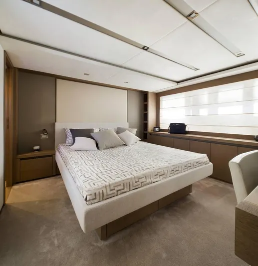  Yacht Photos Pics Luxurious bedroom interior on 2016 Prestige 750 yacht, featuring modern design and elegant furnishings.