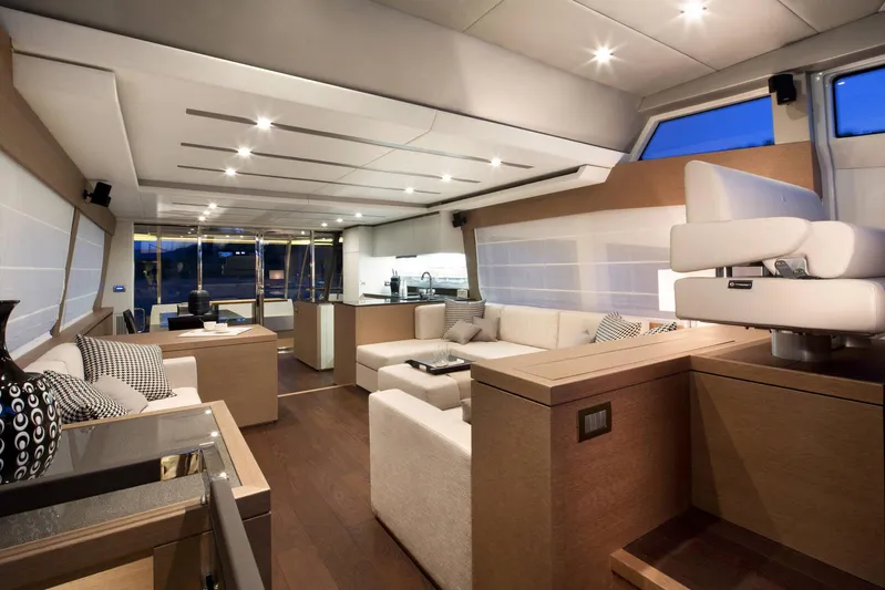  Yacht Photos Pics Luxurious interior of 2016 Prestige 750 yacht with modern furnishings and ambient lighting.