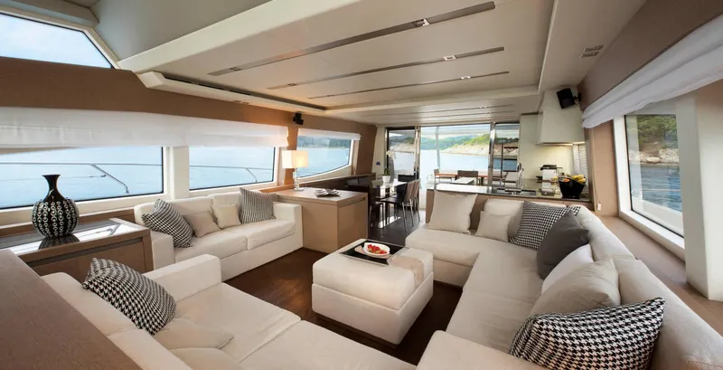  Yacht Photos Pics Luxurious interior of 2016 Prestige 750 yacht with elegant seating and panoramic windows.