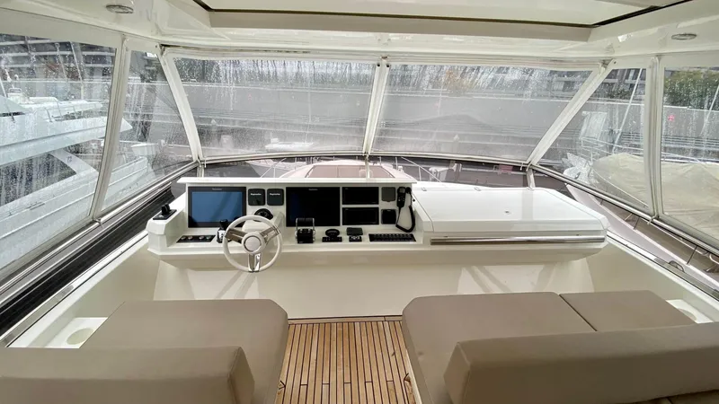  Yacht Photos Pics Interior view of 2016 Prestige 750 yacht helm with modern navigation equipment.