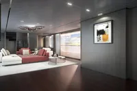 Luxurious modern living room with sleek design, featuring abstract art and plush seating.
