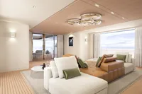 Luxurious modern living room with elegant furniture, large windows, and stylish ceiling design in Tureddi X370 yacht.