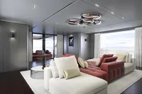 Luxurious modern yacht interior with plush seating, sleek design, and ocean view, Tureddi X370, 2027.