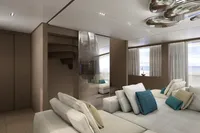 Luxurious interior of 2027 Tureddi X370 yacht with modern design and plush seating.