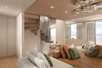 Modern yacht interior with sleek design, featuring a cozy seating area and stylish staircase, Tureddi X370 2027.