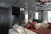 Luxurious modern interior of Tureddi X370 yacht, 2027 model, featuring plush seating and sleek design.