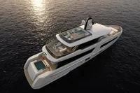 Luxurious Tureddi X370 yacht cruising at sunset, 2027 model, featuring elegant design and spacious decks.