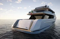 Luxurious Tureddi X370 yacht on serene ocean, 2027 model, sleek design, sunset backdrop.