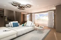 Luxurious Tureddi X370 yacht interior, featuring modern decor and ocean view, 2027 model.