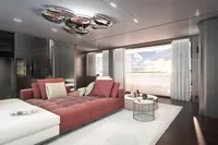 Luxurious modern living room with red sofa, stylish decor, and large window view, Tureddi X370 2027.
