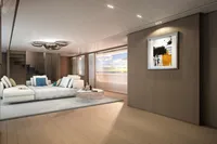 Luxurious modern yacht interior with abstract art, Tureddi X370, 2027 model.