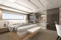Luxurious bedroom interior of Tureddi X370 yacht, 2027 model, featuring modern design and ocean view.