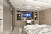 Luxurious bedroom interior in Tureddi X370 yacht, featuring modern decor and entertainment system, 2027 model.