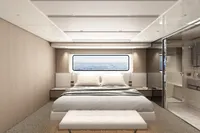 Luxurious Tureddi X370 yacht bedroom, 2027 model, featuring ocean view and modern design.